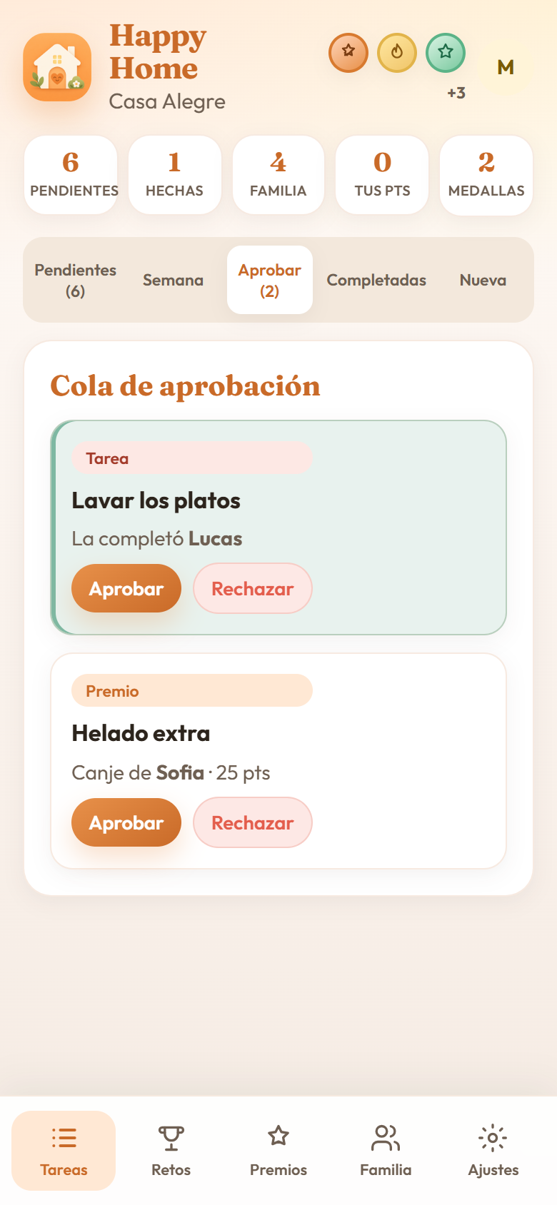 Cola de aprobación de tareas y premios
