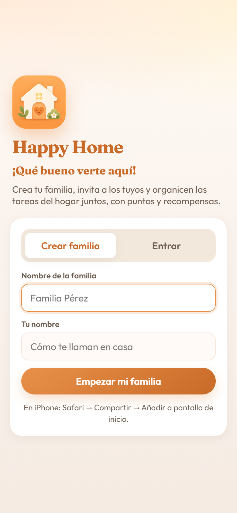 Pantalla de bienvenida e inicio