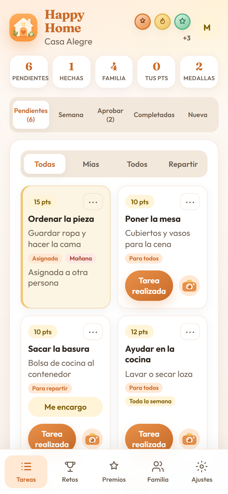 Pantalla de tareas pendientes en Happy Home